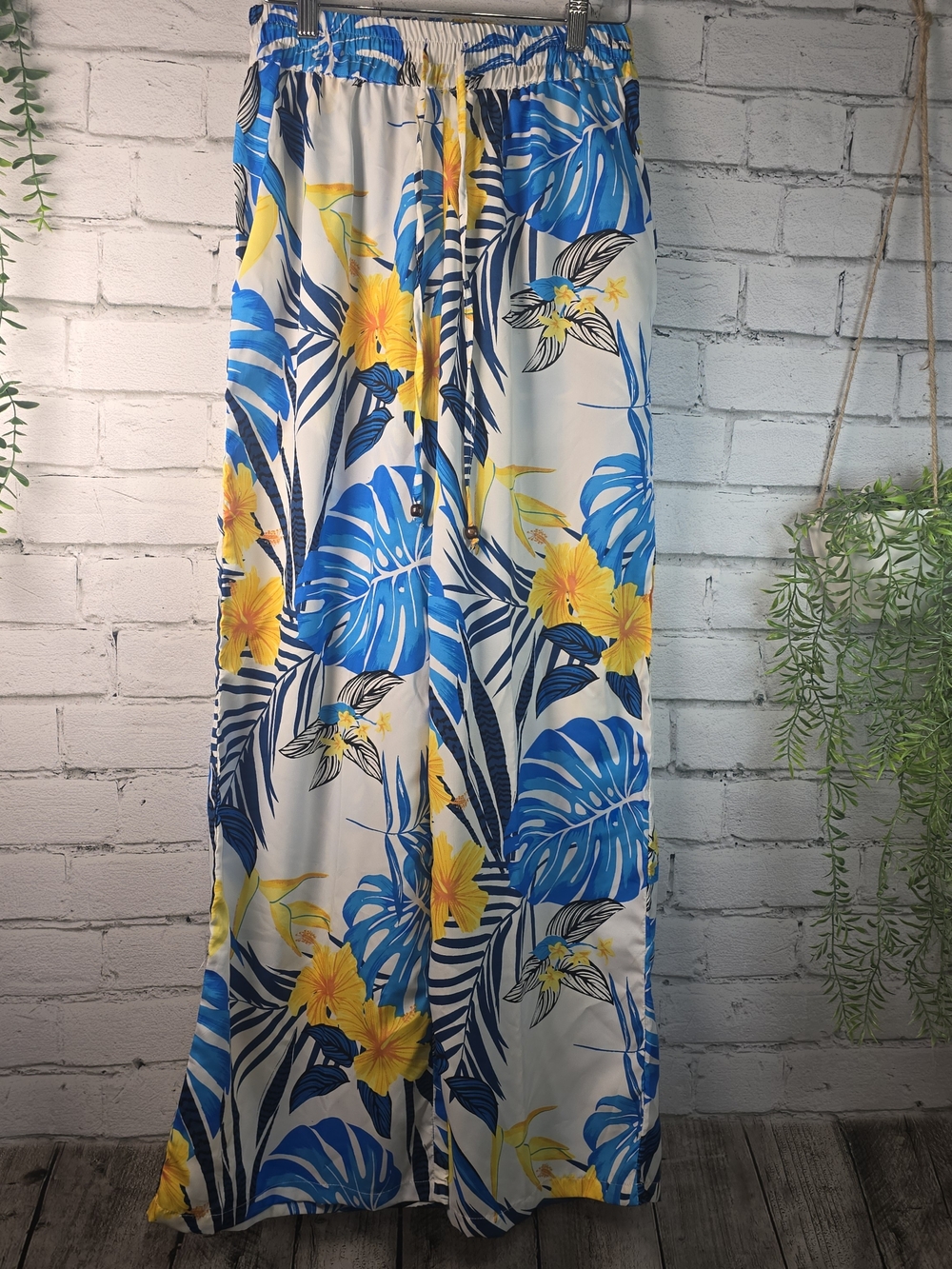 MISS INNOCENT TROPICAL WIDE LEG PALAZZO PANTS YELLOW BLUE WHITE VACATION WEAR LG